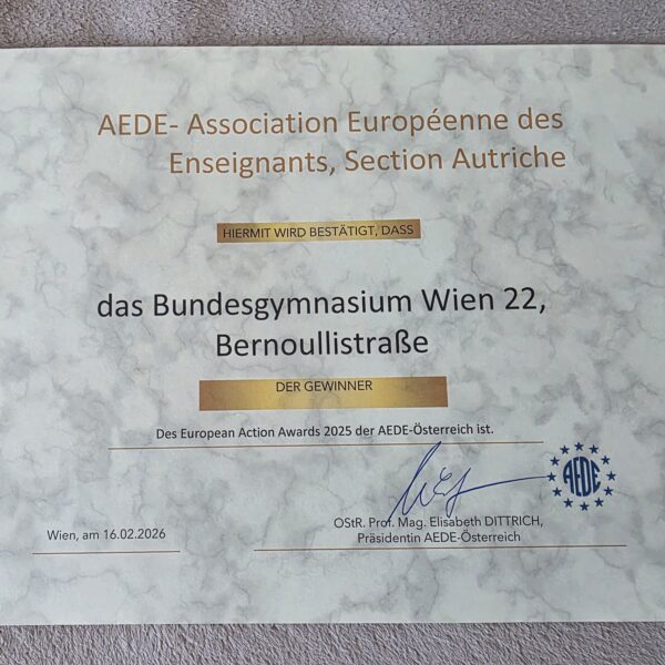 Verleihung des European Action Awards an das Bernoulligymnasium Wien 22 am 16.02.2026