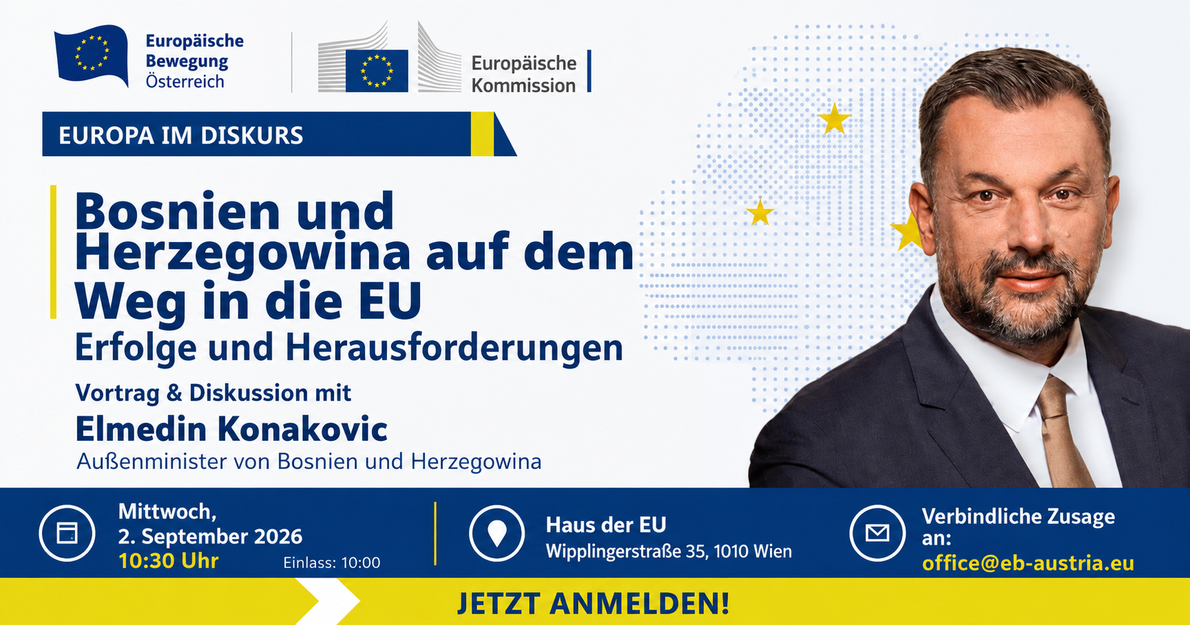 Illustration: Save the date: Besuch des Außenministers von Bosnien und Herzegowina in Wien: 2.9.2026