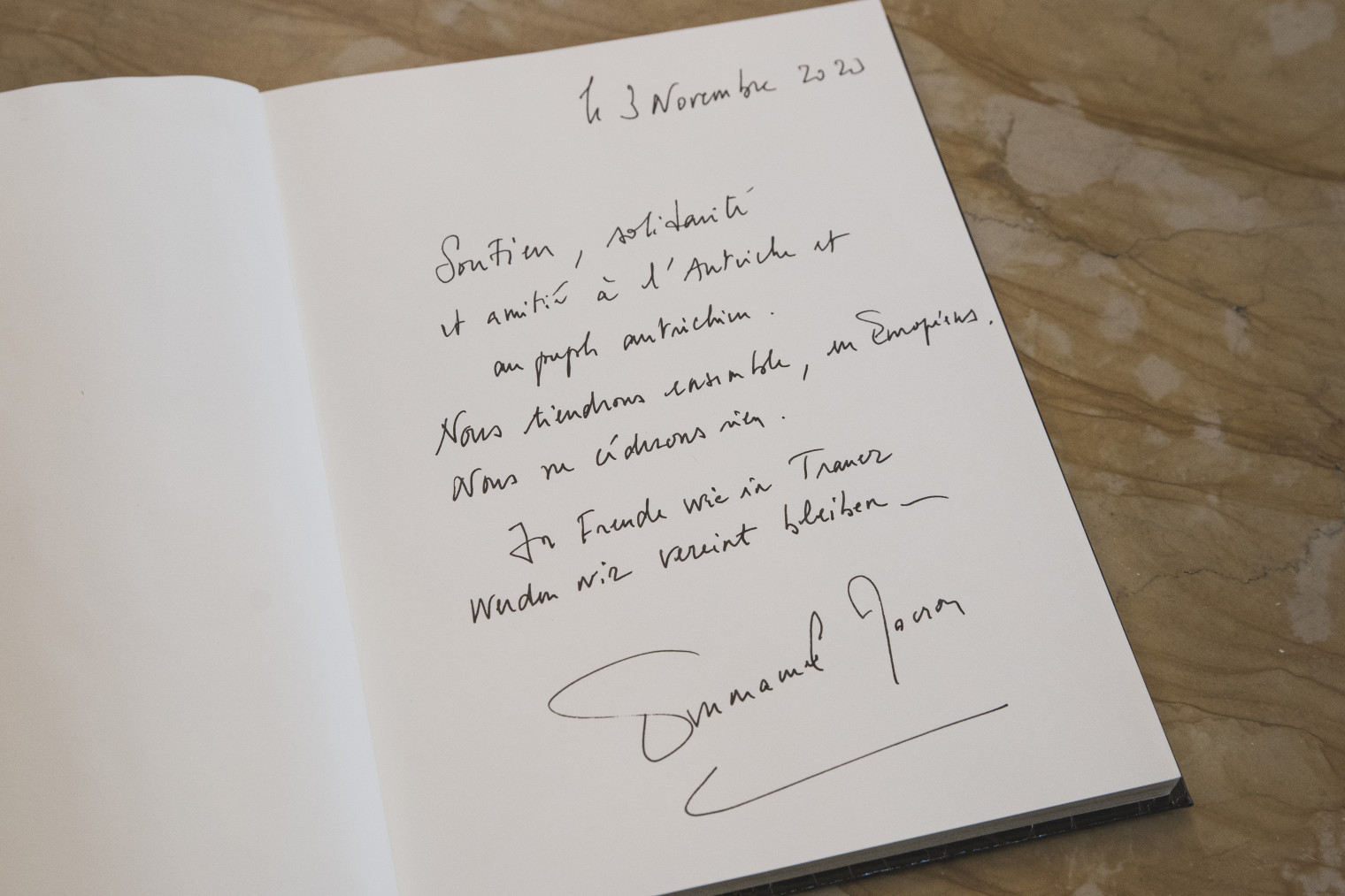Illustration: Attentat terroriste de Vienne: déclaration du Président Emmanuel Macron à l’Ambassade d’Autriche en France